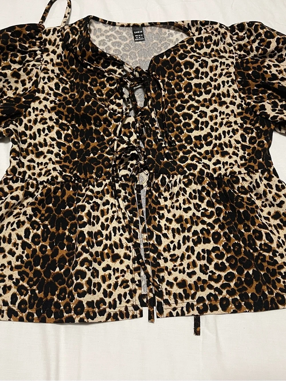 SHEIN Brown & Black Leopard Tie-Front Puff Sleeve Blouse